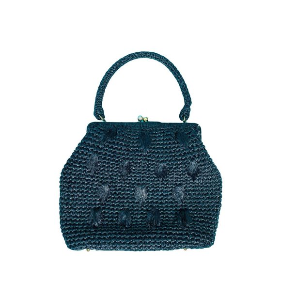 Vintage 1950s Black Raffia Purse Top Handle Large Handbag - Picture 6 of 6